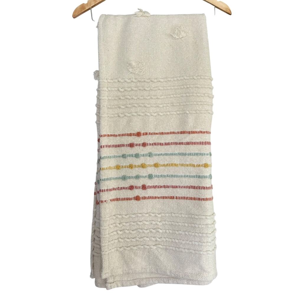 Max Studio Home Textured Throw Blanket 46x58 Boho Cream Pom Pom Stripe